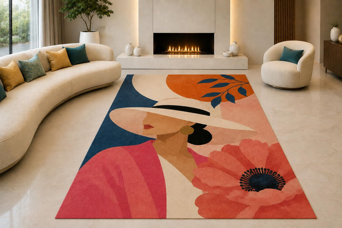 ICE ARMOR "Ultra Lightweight Large 6'7" x 9'10" Wide Brim Hat Woman Area Rug for Living Room, Bedroom and Home Office, Soft Low Pile Carpet with Non-Slip Silicone Backing, Pink and Navy
