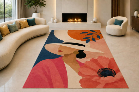 ICE ARMOR "Ultra Lightweight Large 6'7" x 9'10" Wide Brim Hat Woman Area Rug for Living Room, Bedroom and Home Office, Soft Low Pile Carpet with Non-Slip Silicone Backing, Pink and Navy