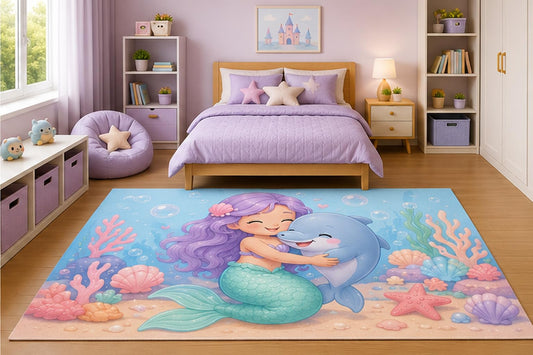 ICE ARMOR 5' x 7' Mermaid Hugging Dolphin Area Rug for Girls Bedroom Nursery Playroom Scandinavian Minimalist Underwater Ocean Fantasy Decor Non-Slip Silicone Backing Low Pile
