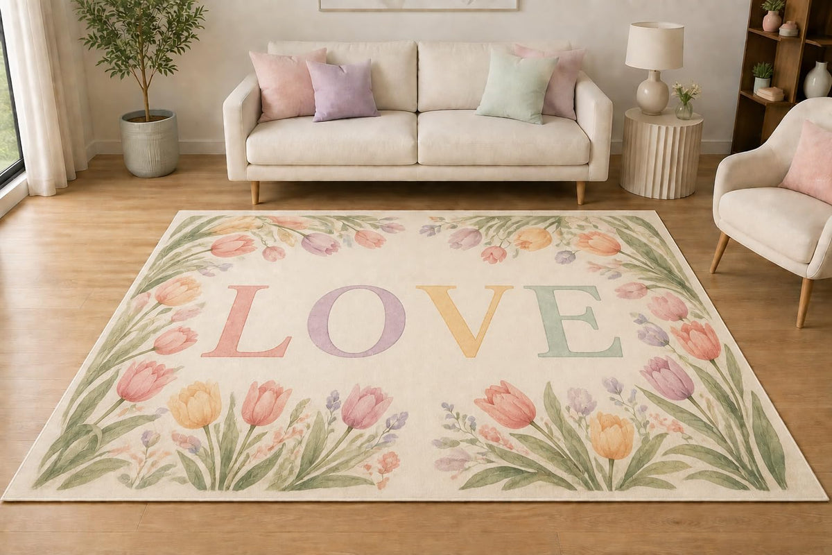 ICE ARMOR 5' x 7' Pastel Tulip Garden Love Area Rug, Soft Low Pile Indoor Rug with Non-Slip Silicone Backing for Living Room, Bedroom, Nursery, Kids Room, Cream Pink Green