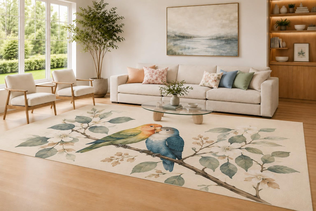 ICE ARMOR Large 6'7" x 9'10" Pastel Green and Blue Lovebird Floral Area Rug for Living Room, Soft Low Pile Carpet with Non-Slip Silicone Backing, Bird Pair Decor for Bedroom Home Office