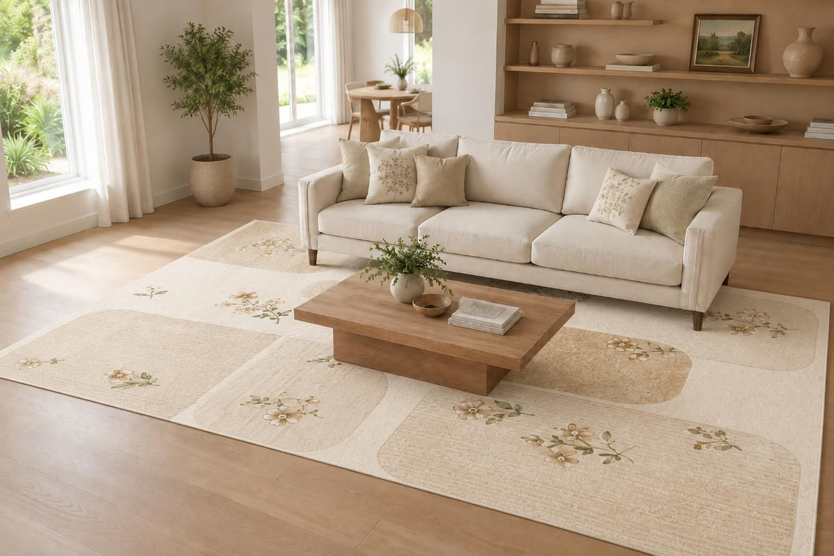 ICE ARMOR Large 6'7" x 9'10" Ivory and Beige Rounded Panel Floral Area Rug for Living Room, Soft Low Pile Carpet with Non-Slip Silicone Backing, Decor for Bedroom, Dining Area and Home Office
