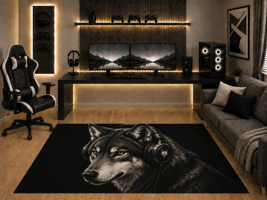 ICE ARMOR "Ultra Light Weight 5' x 7' Black Wolf Headphones Area Rug Vintage Monochrome Animal Portrait for Gaming Room Bedroom Living Room Non-Slip Silicone Backing Low Pile