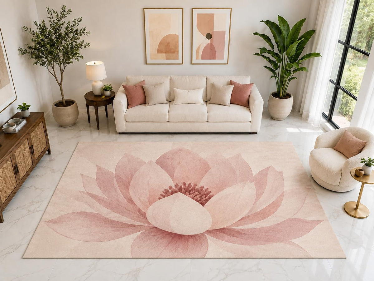 ICE ARMOR "Ultra Light Weight Large 6'7" x 9'10" Blush Lotus Blossom Rug, Soft Low Pile Indoor Rug, Non-Slip Silicone Backing for Living Room Pink