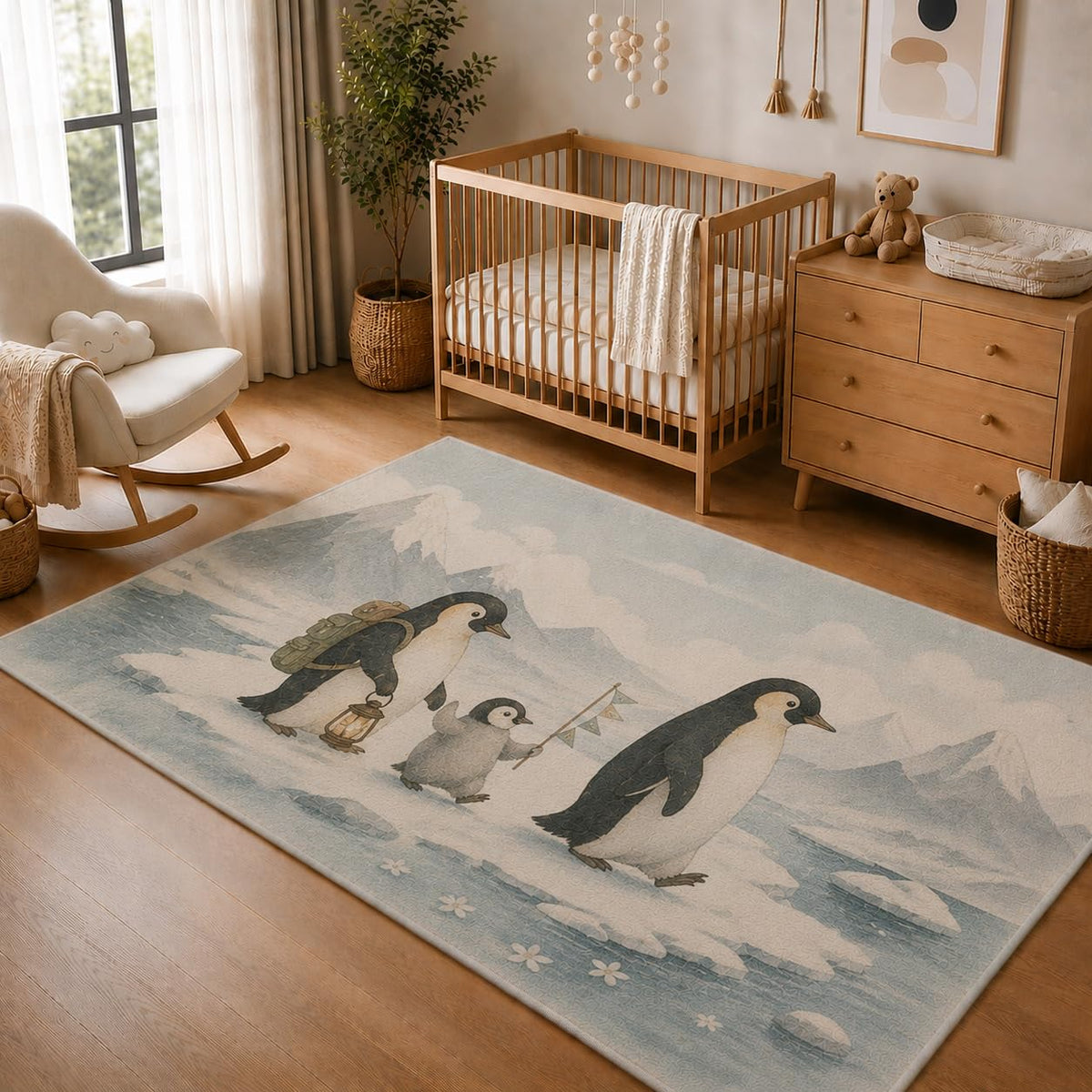 ICE ARMOR 5' x 7' Penguin Family Adventure Area Rug, Soft Low Pile Indoor Rug with Non-Slip Silicone Backing, Arctic Nursery Carpet for Kids Room, Playroom, Kids and Pets, Blue Gray