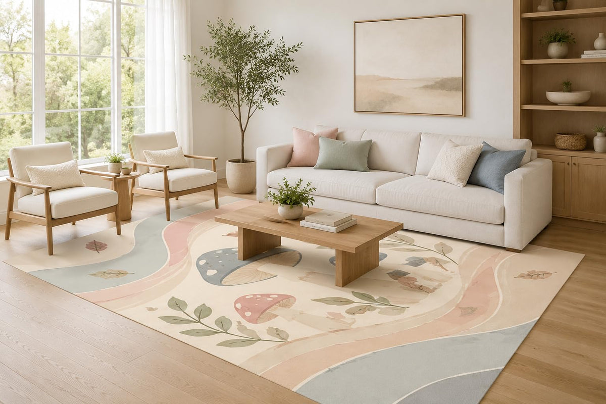 ICE ARMOR Large 6'7" x 9'10" Blue and Blush Mushroom Meadow Area Rug for Living Room, Soft Low Pile Carpet with Non-Slip Silicone Backing, Decor for Bedroom, Dining Area and Home Office