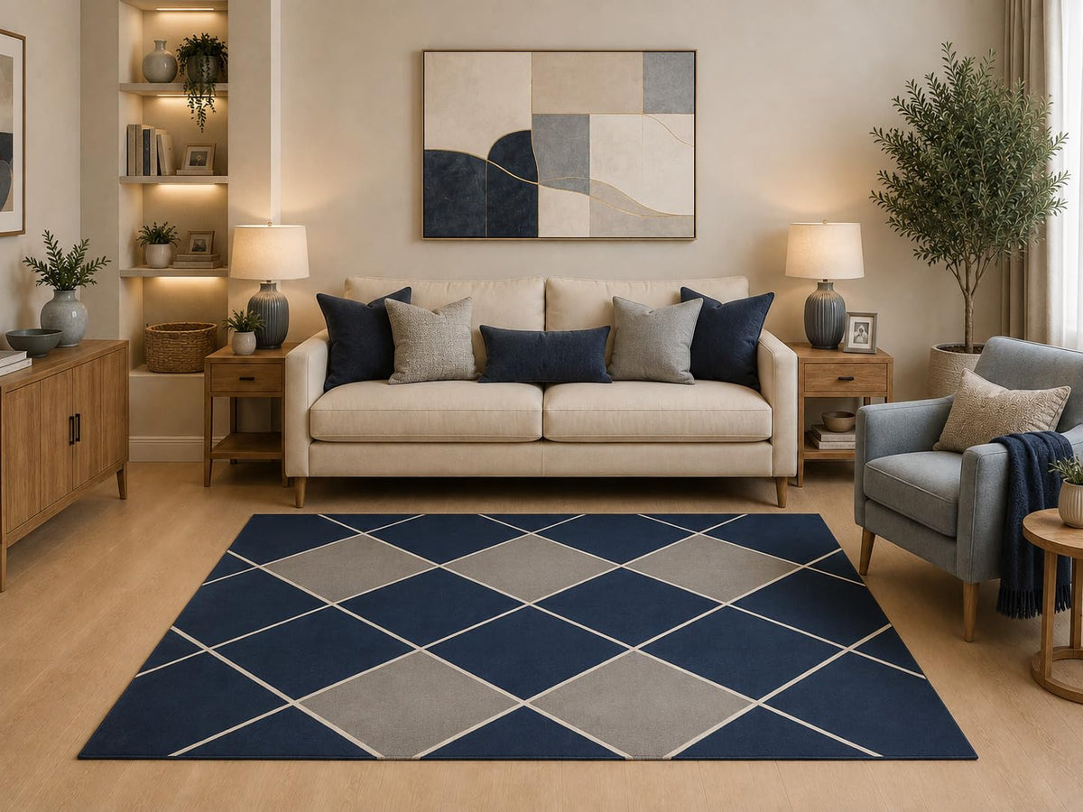 ICE ARMOR "Ultra Light Weight 5' x 7' Modern Geometric Diamond Area Rug Navy Blue Gray Cream Contemporary Pattern for Living Room Bedroom Dining Room Office Non-Slip Silicone Backing Low Pile