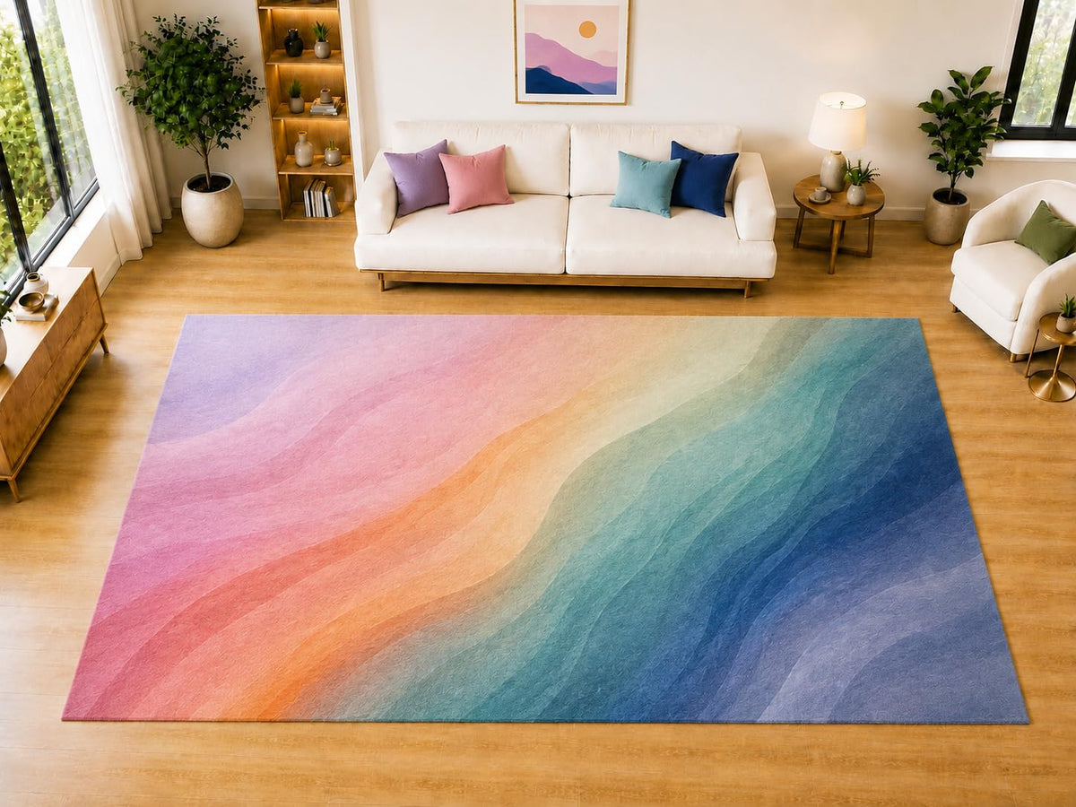 ICE ARMOR "Ultra Light Weight Large 6'7 x 9'10 Pastel Gradient Waves Area Rug for Living Room, Dining Room, and Bedroom, Soft Low Pile Indoor Rug, Serene Floor Decor