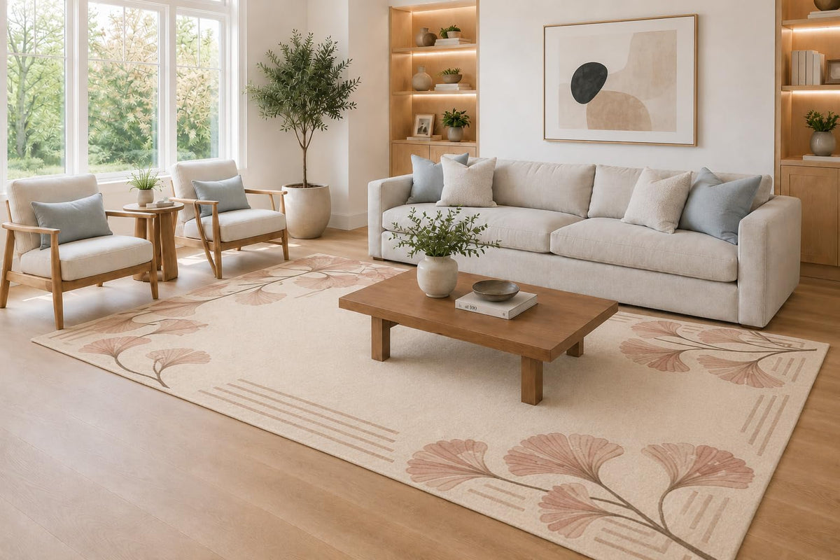 ICE ARMOR Large 6'7" x 9'10" Dusty Rose and Cream Ginkgo Leaf Border Area Rug for Living Room, Soft Low Pile Carpet with Non-Slip Silicone Backing, Decor for Bedroom, Dining Area and Home Office