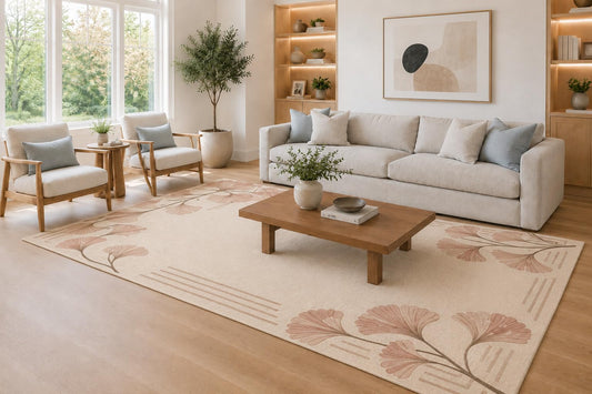 ICE ARMOR Large 6'7" x 9'10" Dusty Rose and Cream Ginkgo Leaf Border Area Rug for Living Room, Soft Low Pile Carpet with Non-Slip Silicone Backing, Decor for Bedroom, Dining Area and Home Office