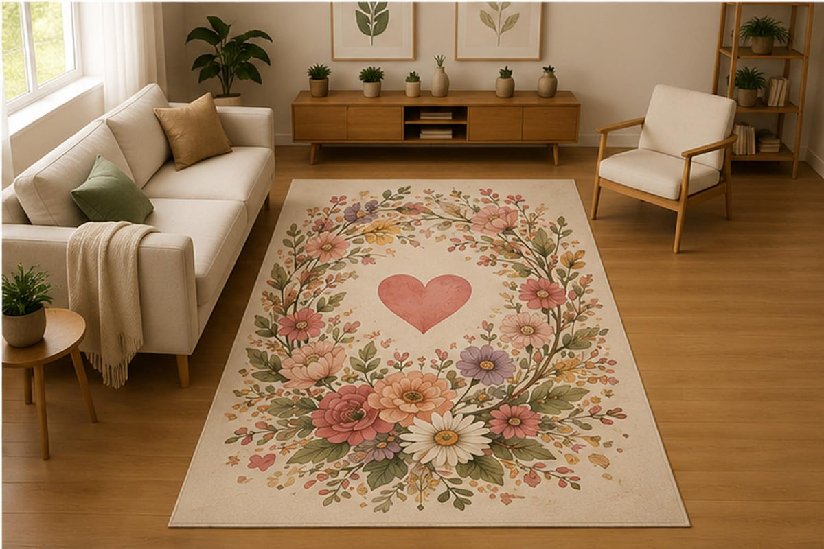 ICE ARMOR 5' x 7' Botanical Heart Wreath Area Rug for Living Room, Soft Low Pile Indoor Rug with Non-Slip Silicone Backing, Decorative Carpet for Bedroom, Family Room, Nursery, Cream Pink
