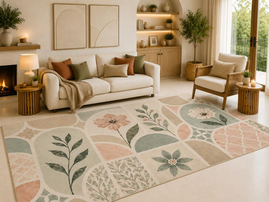 ICE ARMOR 6'7" x 9'10" Pastel Floral Mosaic Area Rug for Living Room, Soft Low Pile Carpet with Non-Slip Silicone Backing, for Bedroom, Dining Area and Office, Multicolored, crafted for inviting rooms