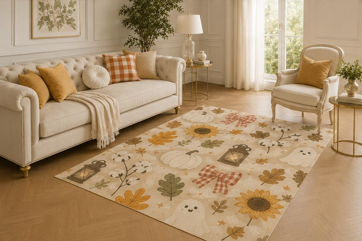 ICE ARMOR 5' x 7' Farmhouse Fall Ghost Rug, Cotton Stem Sunflower Pumpkin Artwork, Easy-Care Indoor Mat with Non-Skid Reverse for Entryway, Kitchen and Family Room