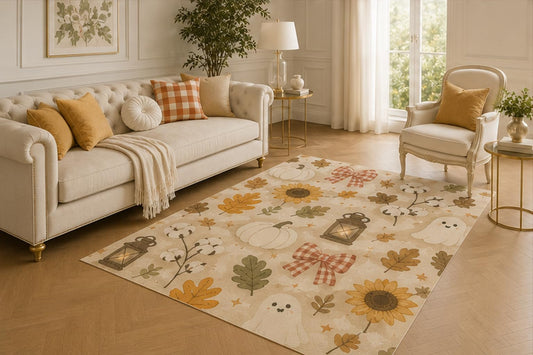 ICE ARMOR 5' x 7' Farmhouse Fall Ghost Rug, Cotton Stem Sunflower Pumpkin Artwork, Easy-Care Indoor Mat with Non-Skid Reverse for Entryway, Kitchen and Family Room