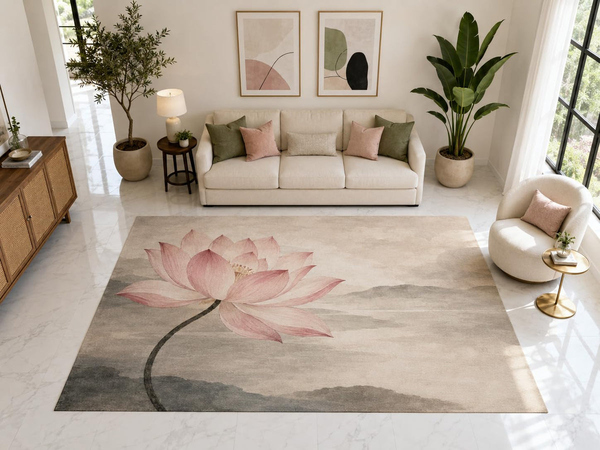 ICE ARMOR "Ultra Light Weight Large 6'7" x 9'10" Pink Lotus Ink Wash Rug, Soft Low Pile Indoor Rug, Non-Slip Silicone Backing for Living Room Pink