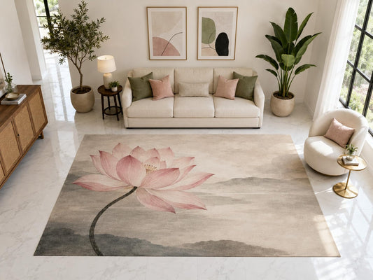 ICE ARMOR "Ultra Light Weight Large 6'7" x 9'10" Pink Lotus Ink Wash Rug, Soft Low Pile Indoor Rug, Non-Slip Silicone Backing for Living Room Pink