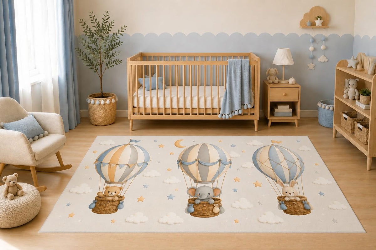 ICE ARMOR 5' x 7' Hot Air Balloon Animal Nursery Area Rug, Cute Bear Elephant Bunny Kids Bedroom Playroom Decor, Non-Slip Silicone Backing Low Pile Carpet