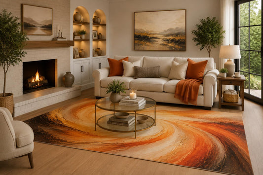 ICE ARMOR 6'7" x 9'10" Orange, Rust and Cream Solar Swirl Area Rug for Living Room, Soft Low Pile Carpet with Non-Slip Backing for Bedroom, Dining Room and Home Office