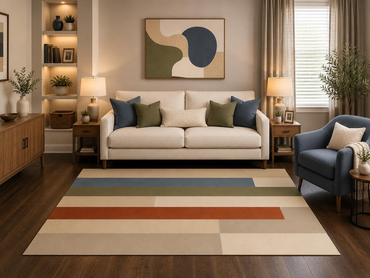 ICE ARMOR 5' x 7' Modern Abstract Striped Area Rug Blue Green Geometric Living Room Bedroom Office Home Decor Carpet Non-Slip Silicone Backing Low Pile