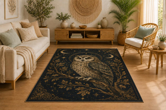 ICE ARMOR 5' x 7' Moonlit Owl Area Rug, Soft Low Pile Indoor Rug with Non-Slip Silicone Backing, Decorative Carpet for Living Room, Bedroom, Dining Room, Office, Celestial Woodland Design