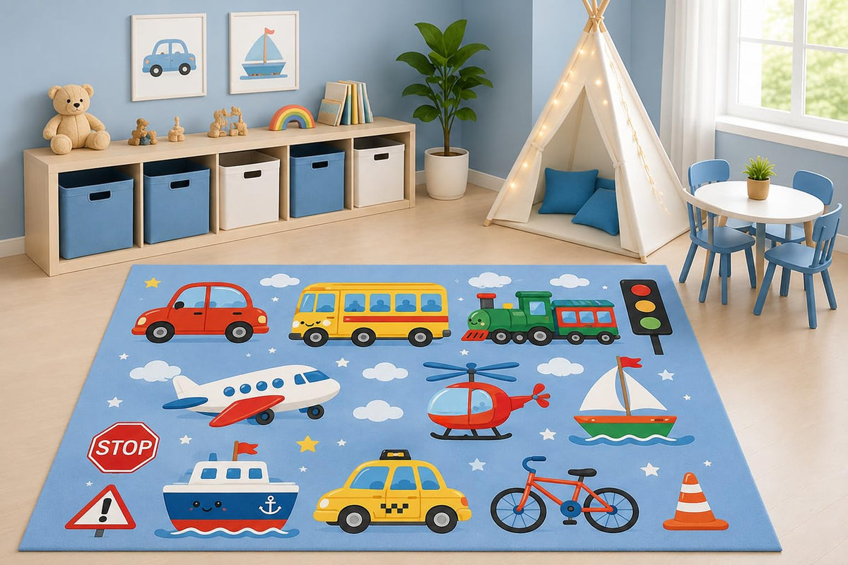 ICE ARMOR 5' x 7' Transportation Vehicles Area Rug for Kids Playroom Nursery Bedroom, Cars Bus Train Airplane Helicopter Boat Cartoon Traffic Decor, Non-Slip Silicone Backing Low Pile