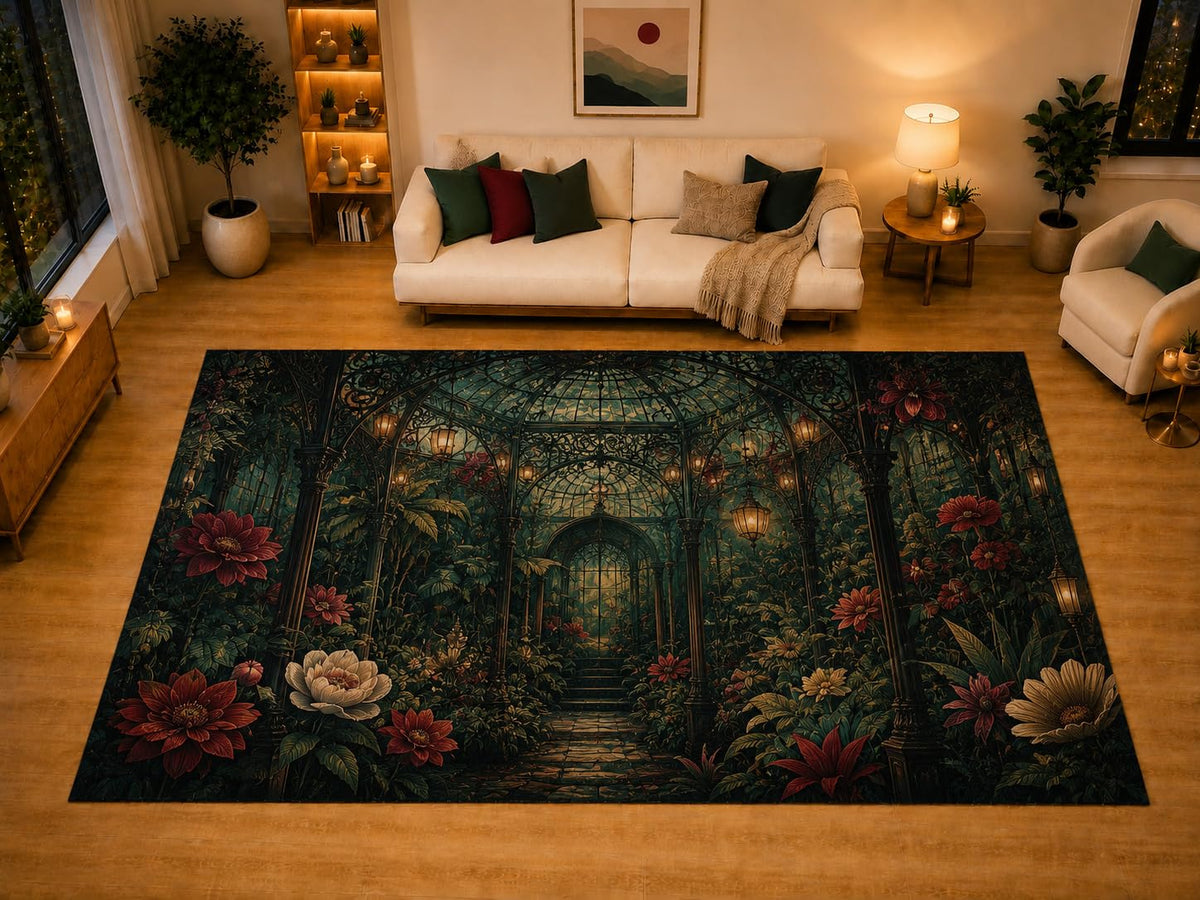 ICE ARMOR "Ultra Light Weight Large 6'7" x 9'10" Gothic Conservatory Floral Area Rug for Living Room Bedroom Dining Area, Soft Low Pile Non-Slip Backing, Green Red Victorian Garden Decor