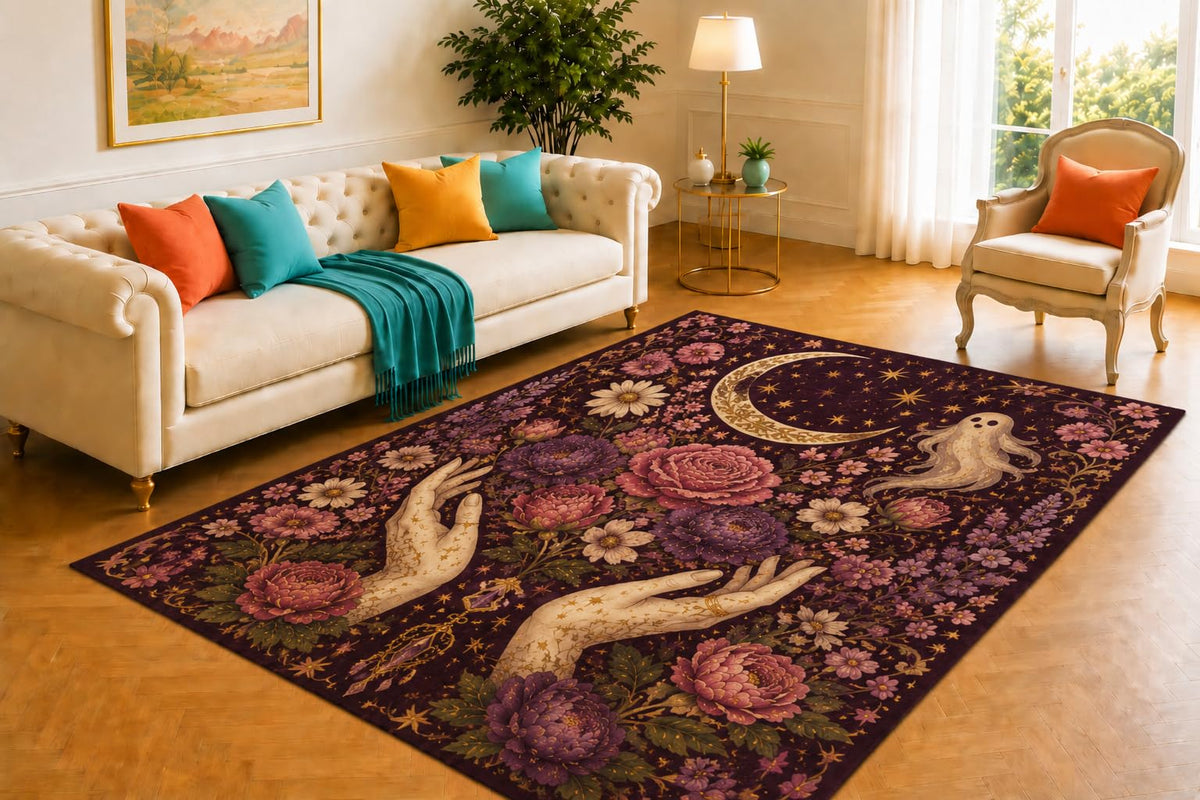 ICE ARMOR 5' x 7' Spirit Hands Floral Rug, Deep Plum Crescent Moon Design with Ghosts and Garden Blooms, Mystical Floor Decor for Bedroom, Lounge or Studio