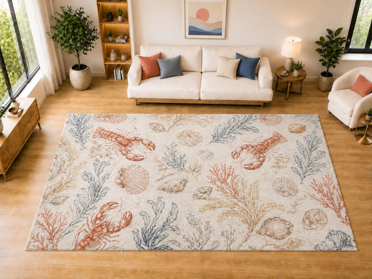 ICE ARMOR "Ultra Light Weight Large 6'7" x 9'10" Lobster Coral Shells Area Rug for Dining, Living Room, Bedroom, Soft Low Pile Indoor Rug with Non-Slip Silicone Backing, Coral Blue