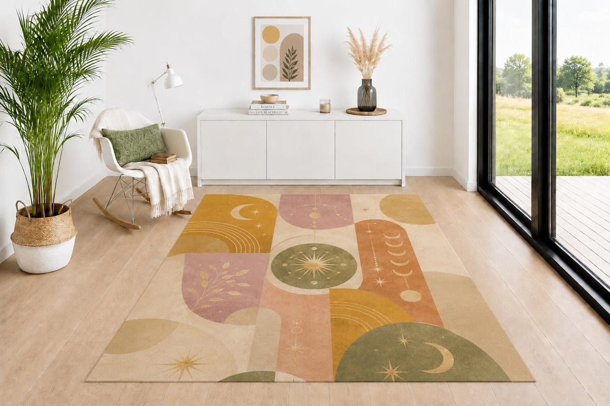 ICE ARMOR 5' x 7' Contemporary Area Rug, Palm Leaf Arch Design in Sage Green Mustard Terracotta Beige, Neutral Floor Carpet for Living Room Bedroom Nursery Office Decor