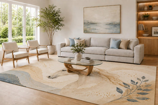 ICE ARMOR Large 6'7" x 9'10" Beige and Blue Horse Nature Area Rug for Living Room, Soft Low Pile Carpet with Non-Slip Silicone Backing, Elegant Animal Decor for Bedroom Home Office