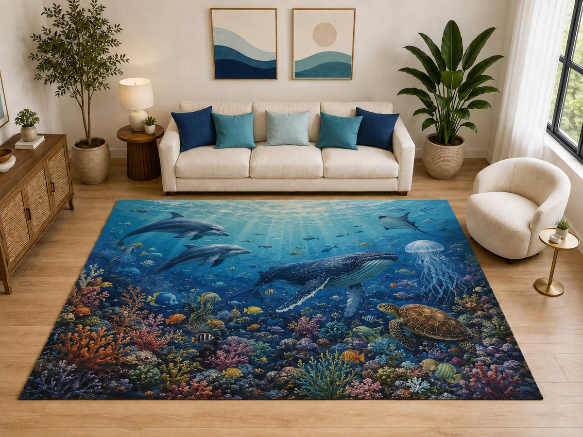 ICE ARMOR "Ultra Light Weight Large 6'7" x 9'10" Whale Turtle Reef Rug for Family Room, Soft Low Pile Indoor Rug and Non-Slip Silicone Backing, Blue