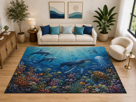 ICE ARMOR "Ultra Light Weight Large 6'7" x 9'10" Whale Turtle Reef Rug for Family Room, Soft Low Pile Indoor Rug and Non-Slip Silicone Backing, Blue