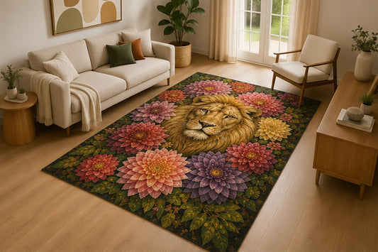 ICE ARMOR 5' x 7' Lion Dahlia Flower Area Rug for Living Room, Soft Low Pile Indoor Rug with Non-Slip Silicone Backing, Botanical Wildlife Decor for Bedroom, Office, Family Room, Brown Multicolor