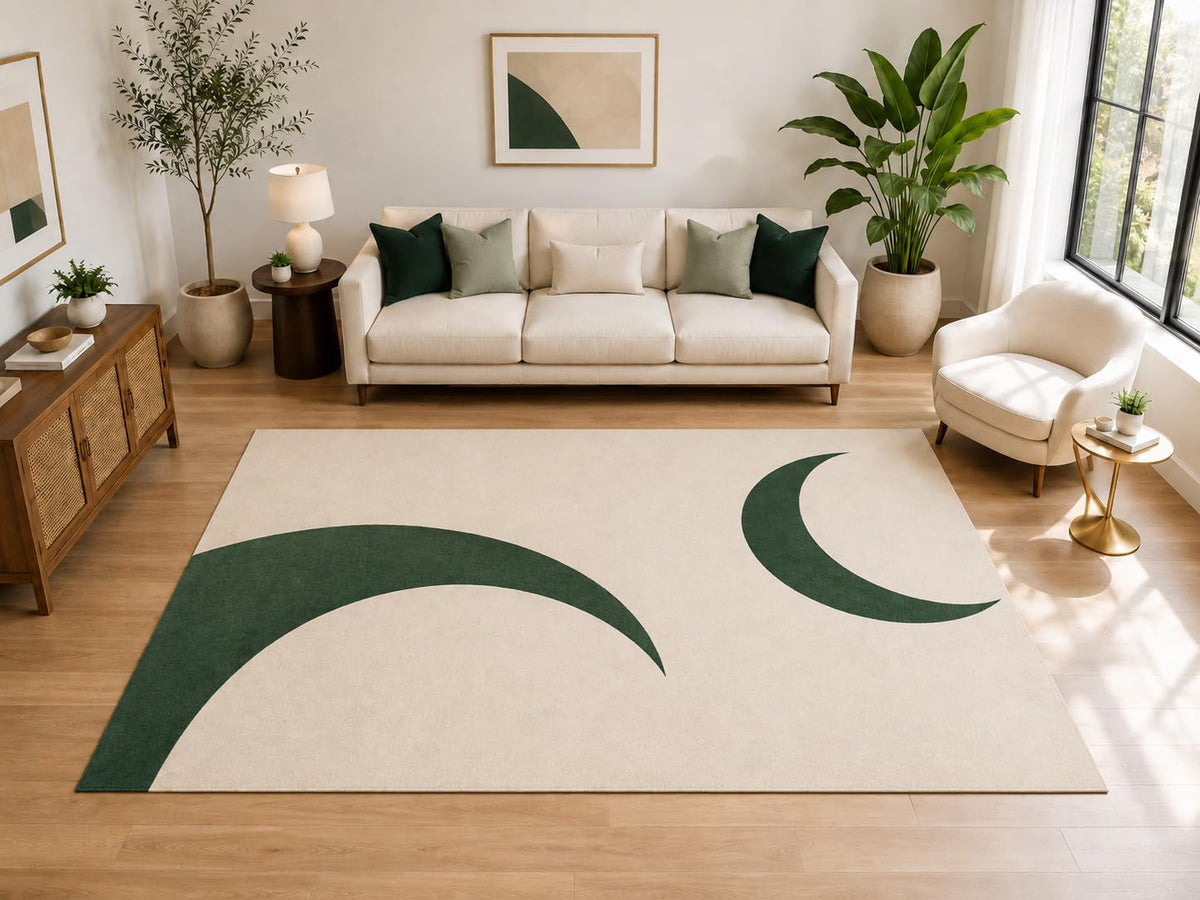 ICE ARMOR Large 6'7" x 9'10" Minimal Crescent Curve Area Rug for for Bedroom, Living Room, Soft Low Pile Indoor Rug with Non-Slip Silicone Backing, Ivory Forest Green