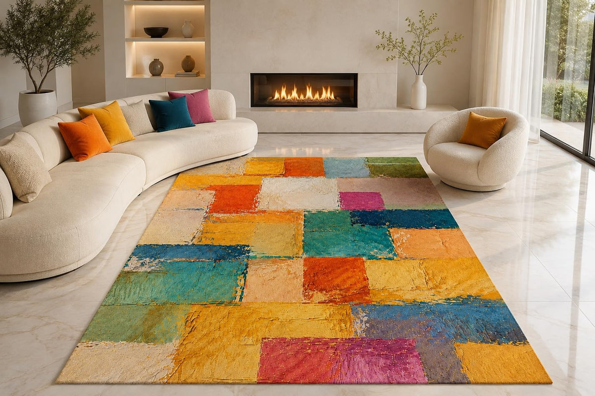 ICE ARMOR "Ultra Lightweight Large 6'7" x 9'10" Color Block Mosaic Area Rug for Living Room, Bedroom and Home Office, Soft Low Pile Carpet with Non-Slip Silicone Backing, Orange and Teal