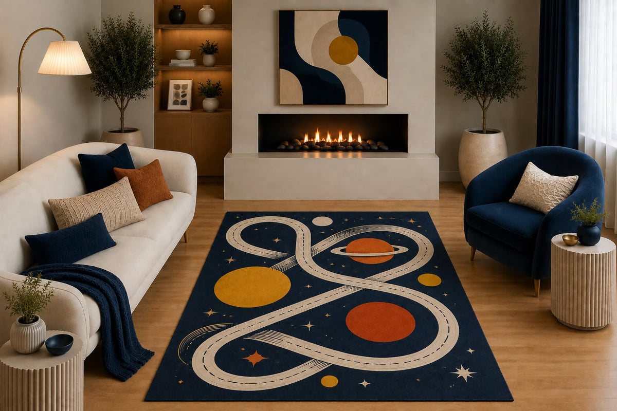 ICE ARMOR "Ultra Light Weight 5' x 7' Space Theme Area Rug Navy Blue Orange Beige Planet Orbit Celestial Design for Kids Room Bedroom Playroom Non-Slip Silicone Backing Low Pile