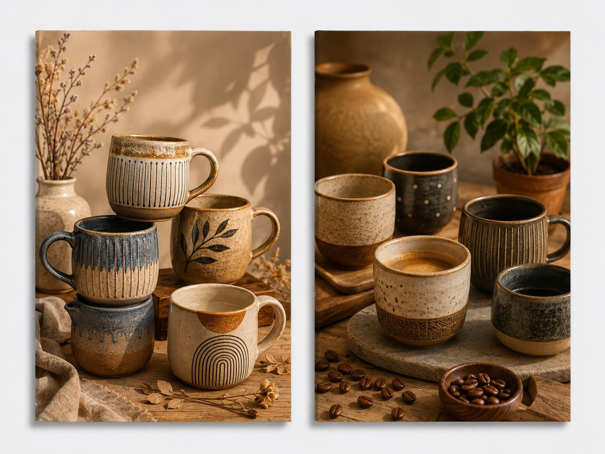 ICE ARMOR Extra-Large Set of 2 Ceramic Coffee Mug Wall Art Handmade Pottery Cup Collection Decor for Kitchen Dining Room Coffee Bar Farmhouse 24x36 Inch Canvas Print - Ready to hang