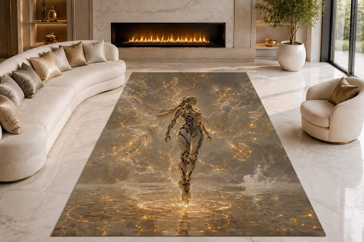 ICE ARMOR "Ultra Lightweight Large 6'7" x 9'10" Cyber Woman Area Rug for Living Room, Bedroom and Home Office, Soft Low Pile Carpet with Non-Slip Silicone Backing, Gray and Golden Color