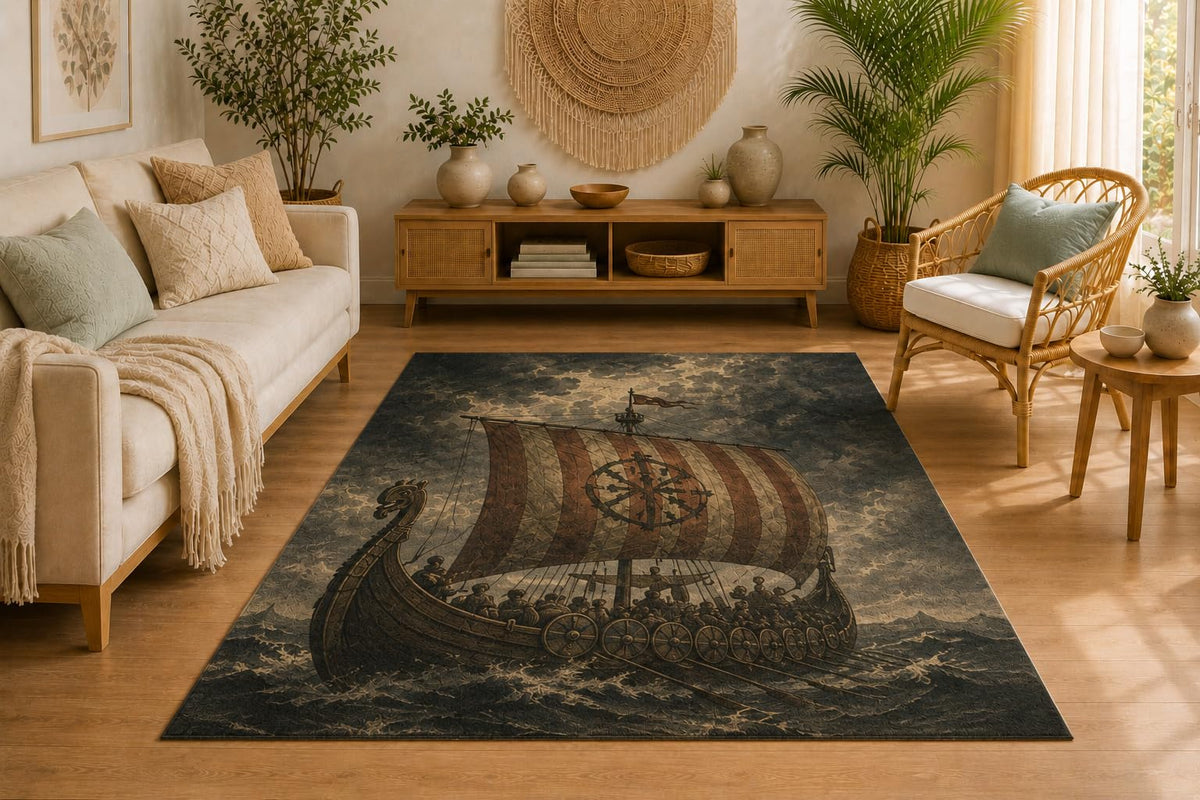 ICE ARMOR 5' x 7' Viking Longship Area Rug for Living Room, Soft Low Pile Indoor Rug with Non-Slip Silicone Backing, Carpet for Bedroom, Office, Charcoal