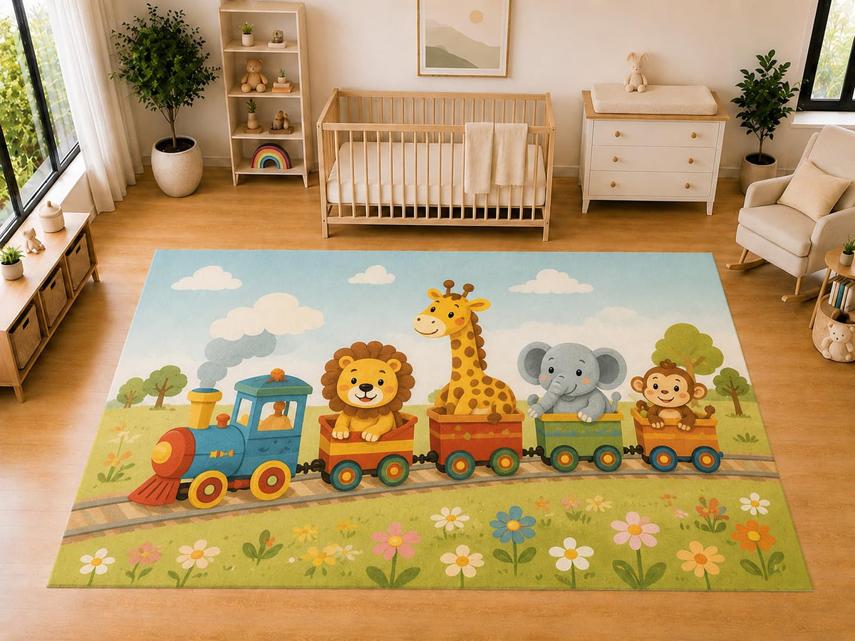 ICE ARMOR "Ultra Light Weight Large 6'7 x 9'10 Safari Animal Train Area Rug for Kids Room Nursery Playroom Soft Low Pile Indoor Carpet Cute Railway Jungle Floor Decor