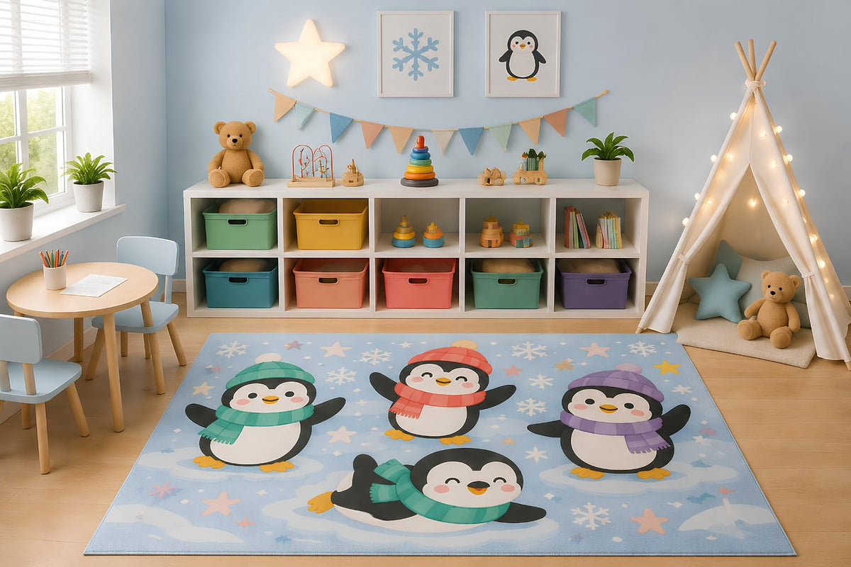 ICE ARMOR 5' x 7' Winter Penguin Area Rug for Kids Playroom Nursery Bedroom, Cute Penguins Snowflakes Ice Arctic Cartoon Holiday Decor, Non-Slip Silicone Backing Low Pile