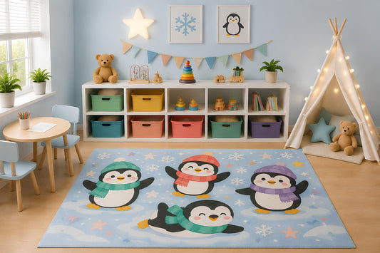 ICE ARMOR 5' x 7' Winter Penguin Area Rug for Kids Playroom Nursery Bedroom, Cute Penguins Snowflakes Ice Arctic Cartoon Holiday Decor, Non-Slip Silicone Backing Low Pile