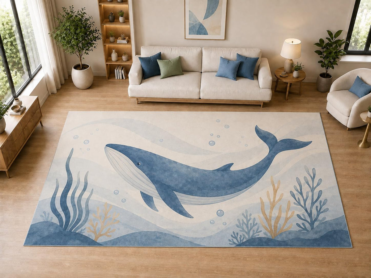 ICE ARMOR "Ultra Light Weight Large 6'7" x 9'10" Whale Ocean, Living Room, Bedroom, Dining Room, Office, Family Room, Soft Low Pile Indoor Rug, Non-Slip Silicone Backing, Blue