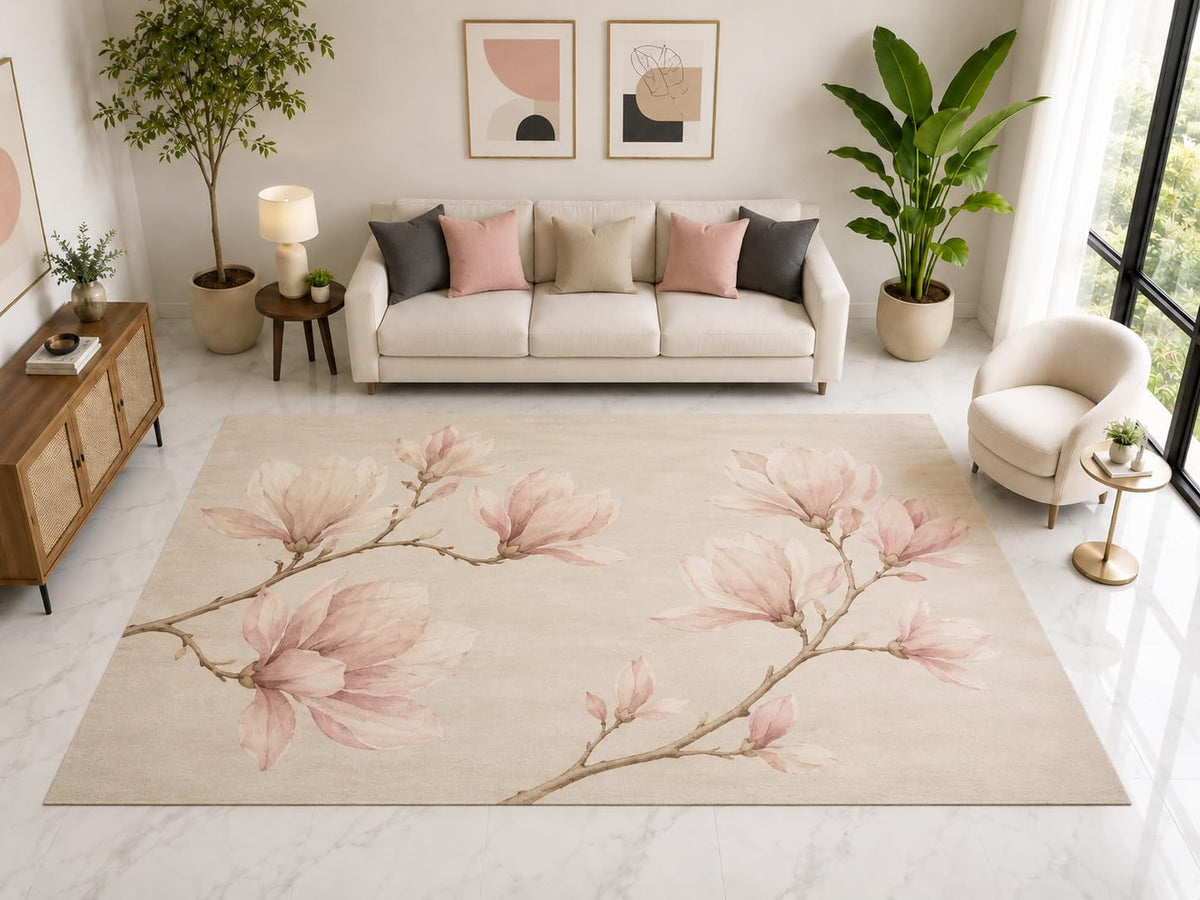 ICE ARMOR "Ultra Light Weight Large 6'7" x 9'10" Magnolia Floral Rug, Soft Low Pile Indoor Rug, Non-Slip Silicone Backing for Living Room Cream Pink