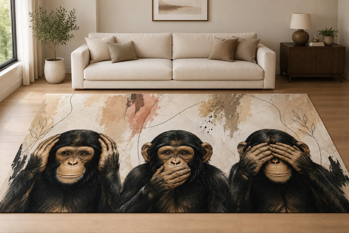 ICE ARMOR "Ultra Lightweight Large 6'7" x 9'10" Wise Chimpanzee Trio Area Rug for Living Room, Bedroom and Home Office, Soft Low Pile Carpet with Non-Slip Silicone Backing, Black and Beige