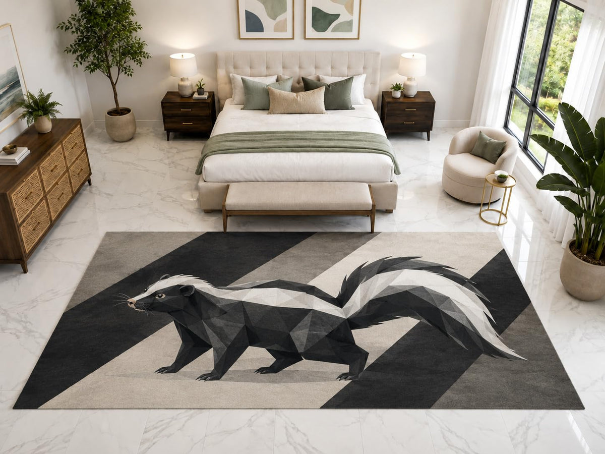 ICE ARMOR "Ultra Light Weight Large 6'7" x 9'10" Geometric Skunk Rug, Soft Low Pile Indoor Rug, Non-Slip Silicone Backing for Bedroom Black Gray