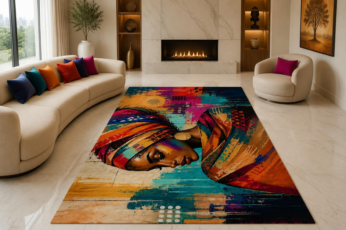 ICE ARMOR "Ultra Lightweight Large 6'7" x 9'10" African Woman Area Rug for Living Room, Bedroom and Home Office, Soft Low Pile Carpet with Non-Slip Silicone Backing, Teal and Orange
