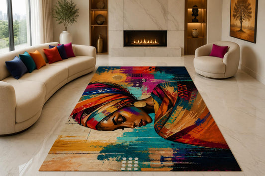 ICE ARMOR "Ultra Lightweight Large 6'7" x 9'10" African Woman Area Rug for Living Room, Bedroom and Home Office, Soft Low Pile Carpet with Non-Slip Silicone Backing, Teal and Orange