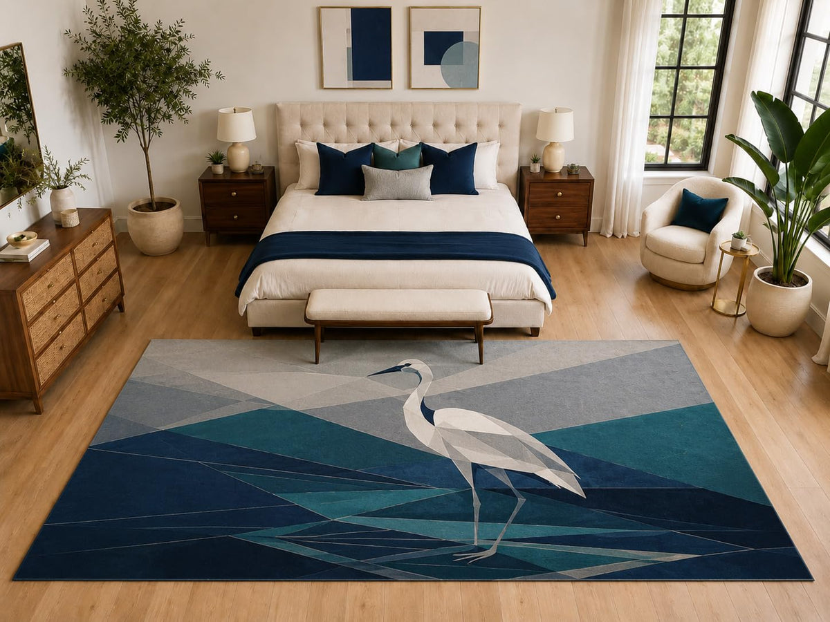 ICE ARMOR "Ultra Light Weight Large 6'7" x 9'10" Crane Bird Area Rug Carpet Soft Low Pile Indoor Rug and Non-Slip Silicone Backing Bedroom Navy Blue
