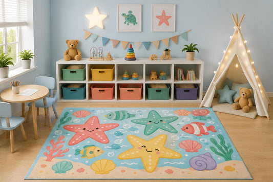 ICE ARMOR 5' x 7' Starfish Ocean Area Rug for Kids Playroom Nursery Bedroom, Happy Starfish Tropical Fish Seashell Coral Underwater Cartoon Decor, Non-Slip Silicone Backing Low Pile